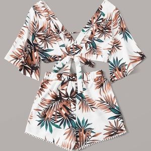Tropical Plunging Crop Top & Pom Pom Shorts Set